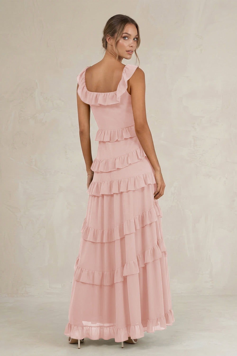 Tiered Square Neck Ruffled A-Line Bridesmaid Dress in Rose Petal