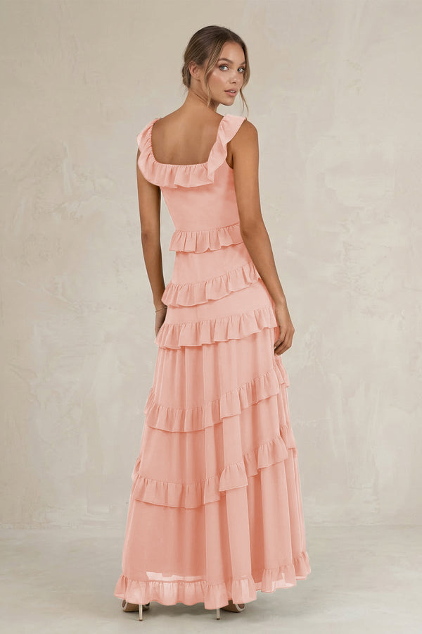 Tiered Square Neck Ruffled A - Line Bridesmaid Dress in Rose Petal - SHE IS ME Bridesmaid Dresses