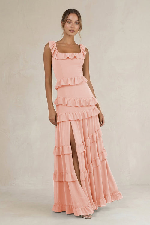 Tiered Square Neck Ruffled A - Line Bridesmaid Dress in Rose Petal - SHE IS ME Bridesmaid Dresses