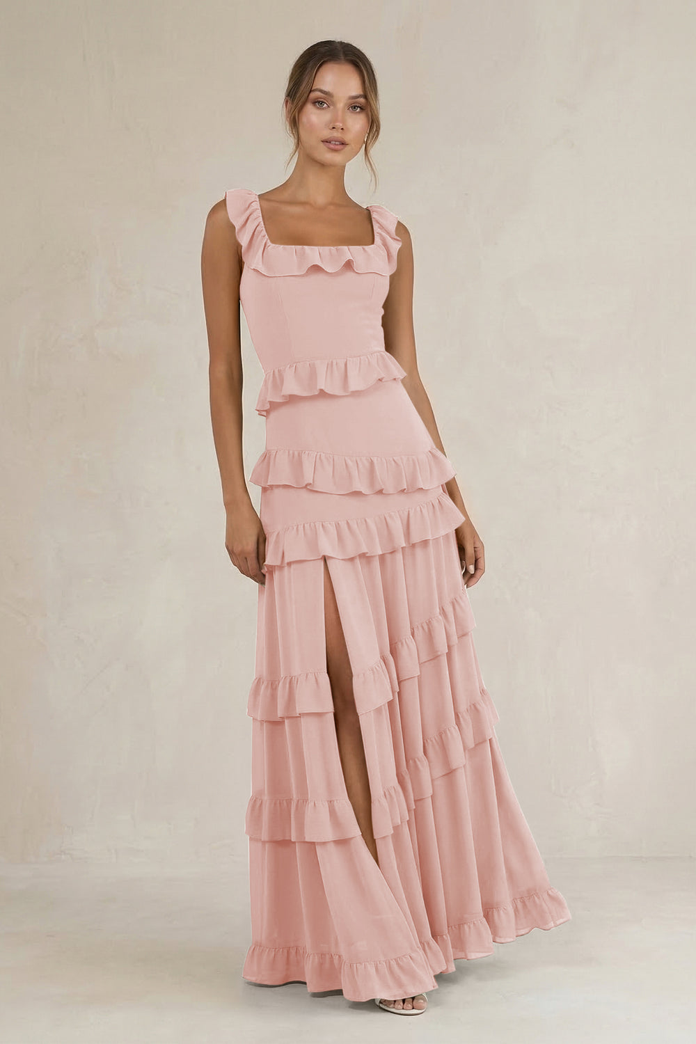 Tiered Square Neck Ruffled A-Line Bridesmaid Dress in Rose Petal