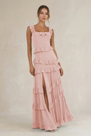 Tiered Square Neck Ruffled A-Line Bridesmaid Dress in Rose Petal | KISSBRIDAL