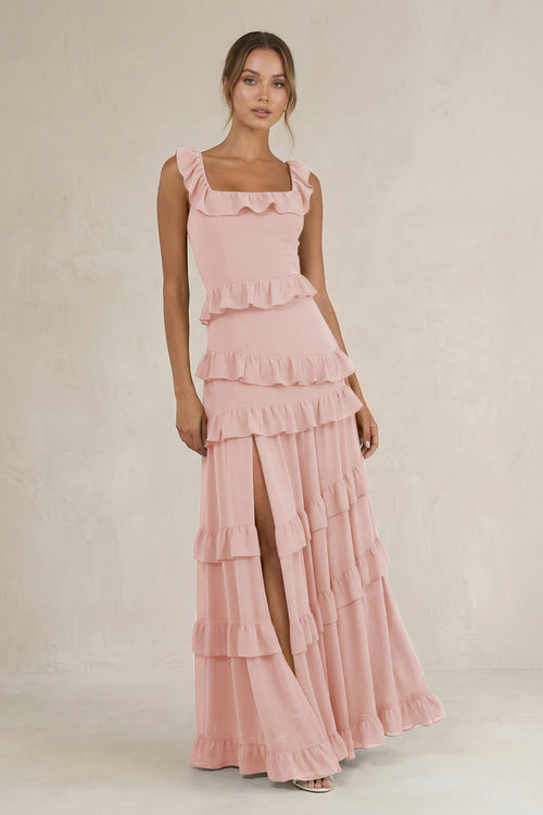 Tiered Square Neck Ruffled A-Line Bridesmaid Dress in Rose Petal | KISSBRIDAL
