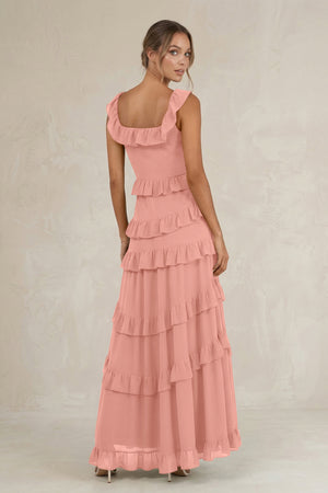 Tiered Square Neck Ruffled A-Line Bridesmaid Dress in Rosette (2) | KISSBRIDAL