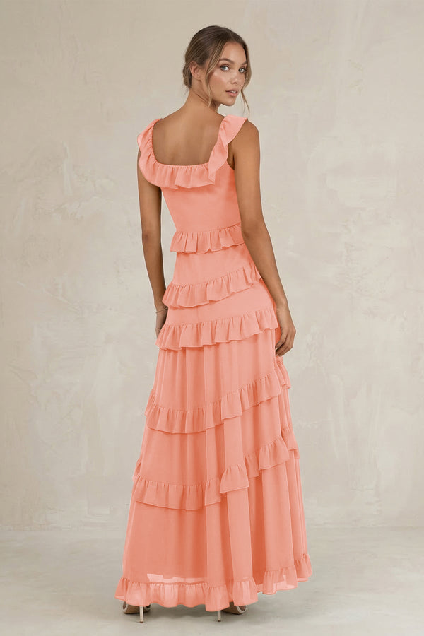Tiered Square Neck Ruffled A - Line Bridesmaid Dress in Rosette - SHE IS ME Bridesmaid Dresses