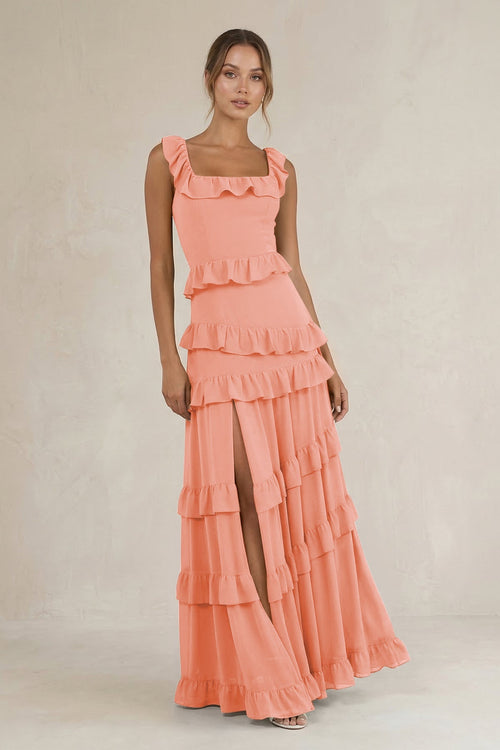 Tiered Square Neck Ruffled A - Line Bridesmaid Dress in Rosette - SHE IS ME Bridesmaid Dresses