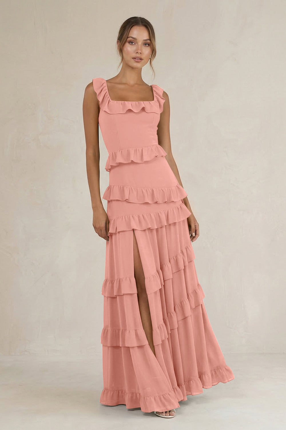 Tiered Square Neck Ruffled A-Line Bridesmaid Dress in Rosette
