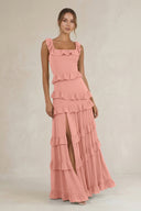 Tiered Square Neck Ruffled A-Line Bridesmaid Dress in Rosette | KISSBRIDAL