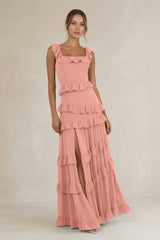 Tiered Square Neck Ruffled A-Line Bridesmaid Dress in Rosette | KISSBRIDAL