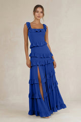 Tiered Square Neck Ruffled A - Line Bridesmaid Dress in Royal Blue - KISS BRIDAL Bridesmaid Dresses