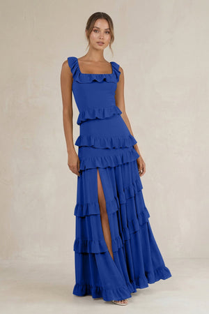 Tiered Square Neck Ruffled A - Line Bridesmaid Dress in Royal Blue - SHE IS ME Bridesmaid Dresses