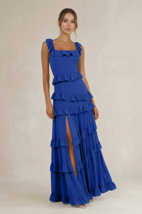 Tiered Square Neck Ruffled A - Line Bridesmaid Dress in Royal Blue - SHE IS ME Bridesmaid Dresses