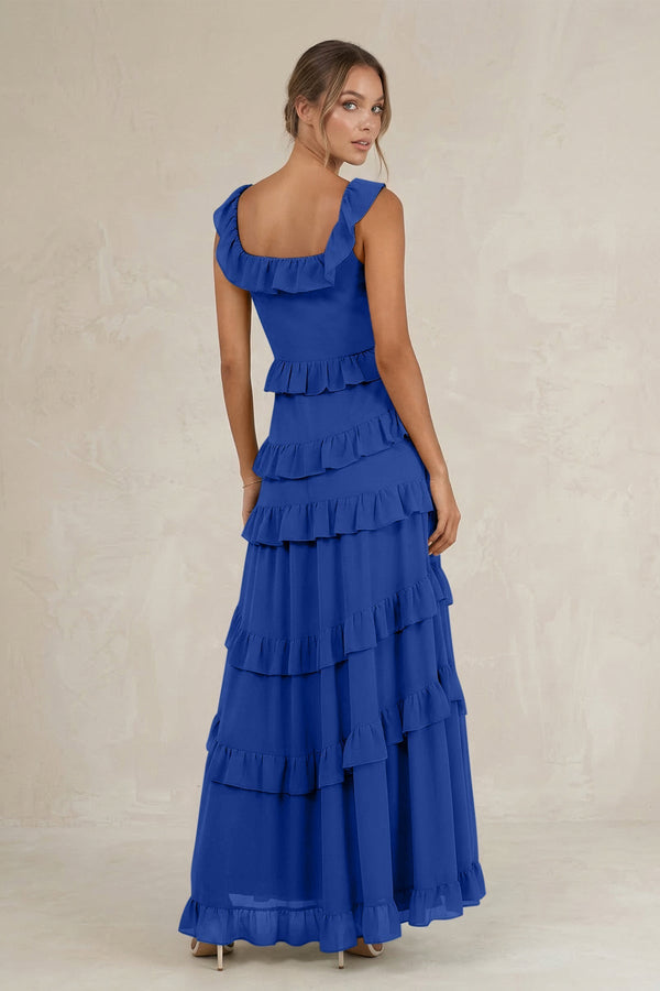 Tiered Square Neck Ruffled A - Line Bridesmaid Dress in Royal Blue - SHE IS ME Bridesmaid Dresses