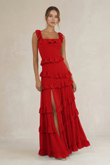 Tiered Square Neck Ruffled A - Line Bridesmaid Dress in Ruby Red - KISS BRIDAL Bridesmaid Dresses