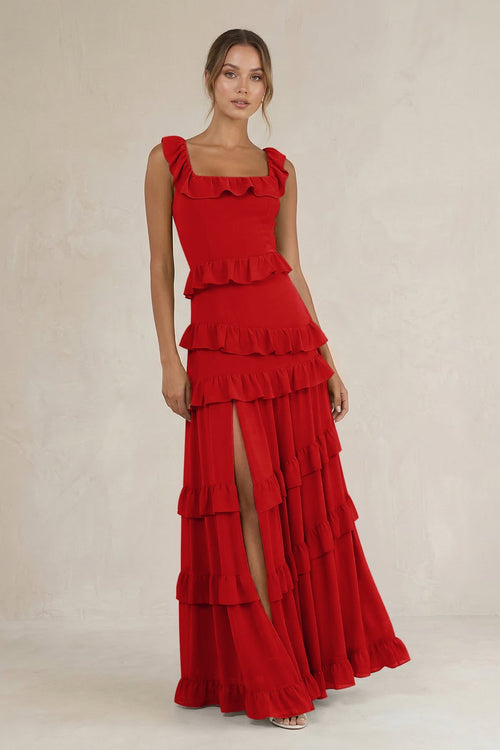Tiered Square Neck Ruffled A - Line Bridesmaid Dress in Ruby Red - SHE IS ME Bridesmaid Dresses