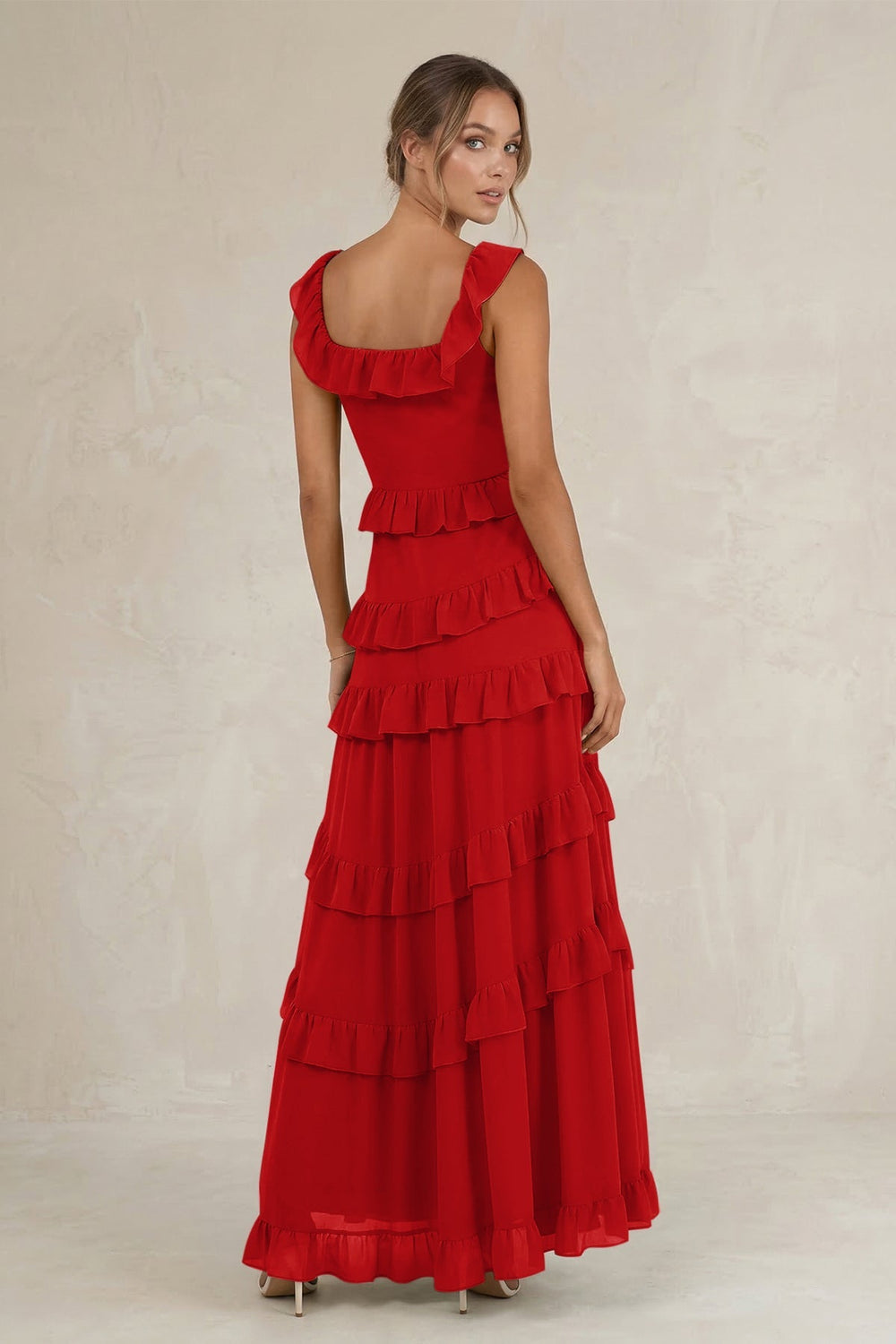 Tiered Square Neck Ruffled A - Line Bridesmaid Dress in Ruby Red - KISS BRIDAL Bridesmaid Dresses