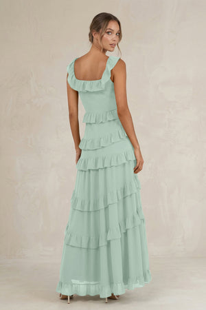 Tiered Square Neck Ruffled A-Line Bridesmaid Dress in Sage (2) | KISSBRIDAL