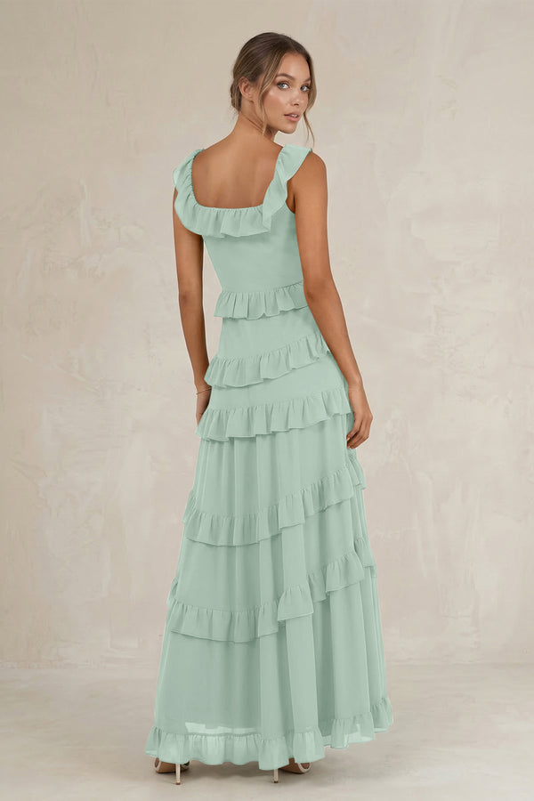 Tiered Square Neck Ruffled A-Line Bridesmaid Dress in Sage (2) | KISSBRIDAL