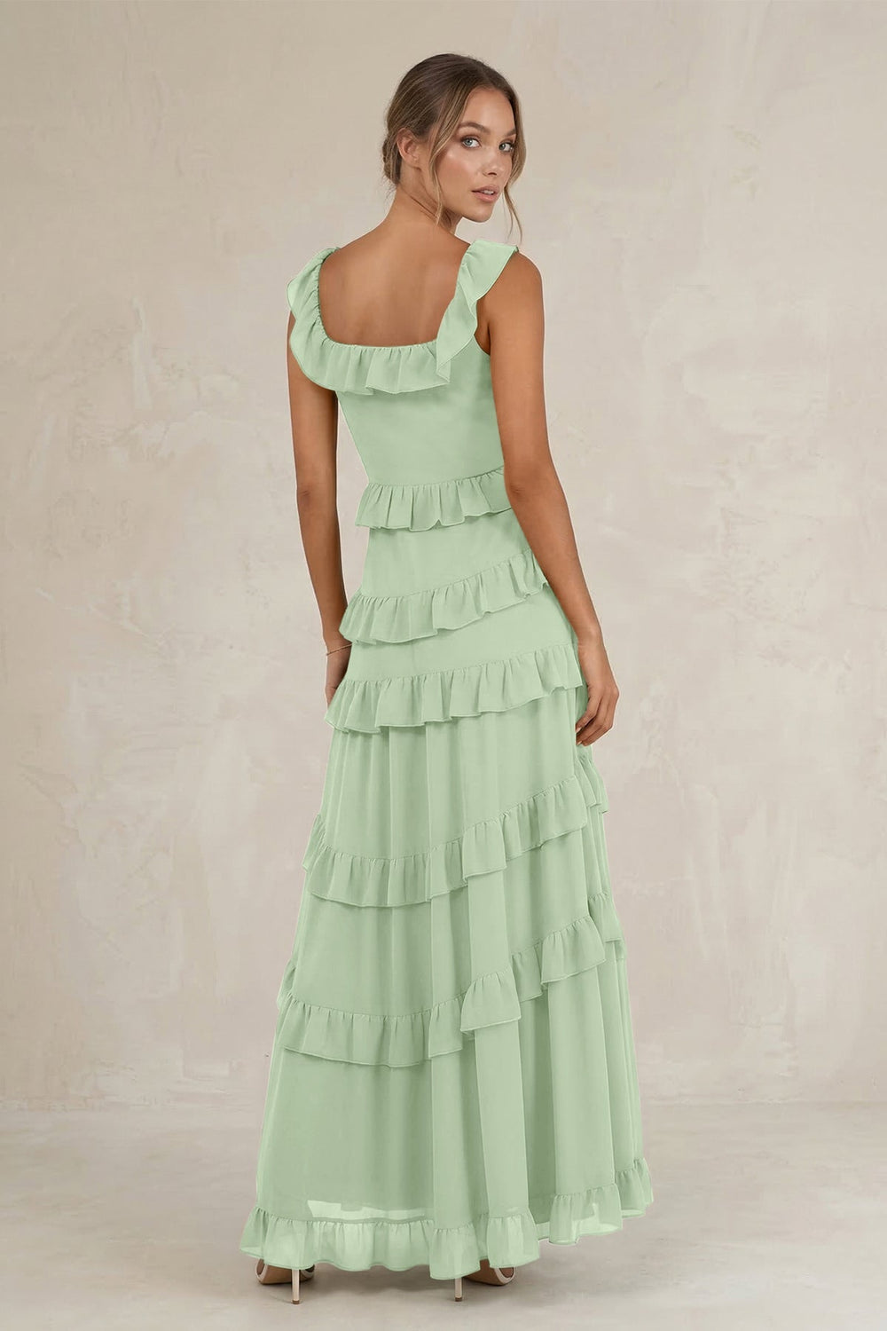 Tiered Square Neck Ruffled A - Line Bridesmaid Dress in Sage - KISS BRIDAL Bridesmaid Dresses