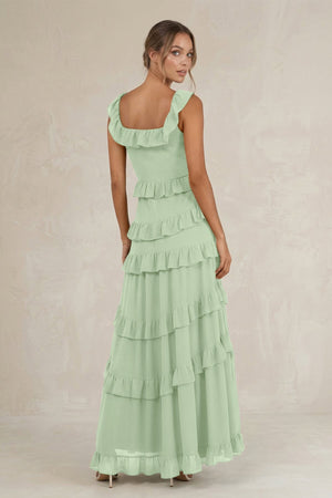 Tiered Square Neck Ruffled A - Line Bridesmaid Dress in Sage - SHE IS ME Bridesmaid Dresses