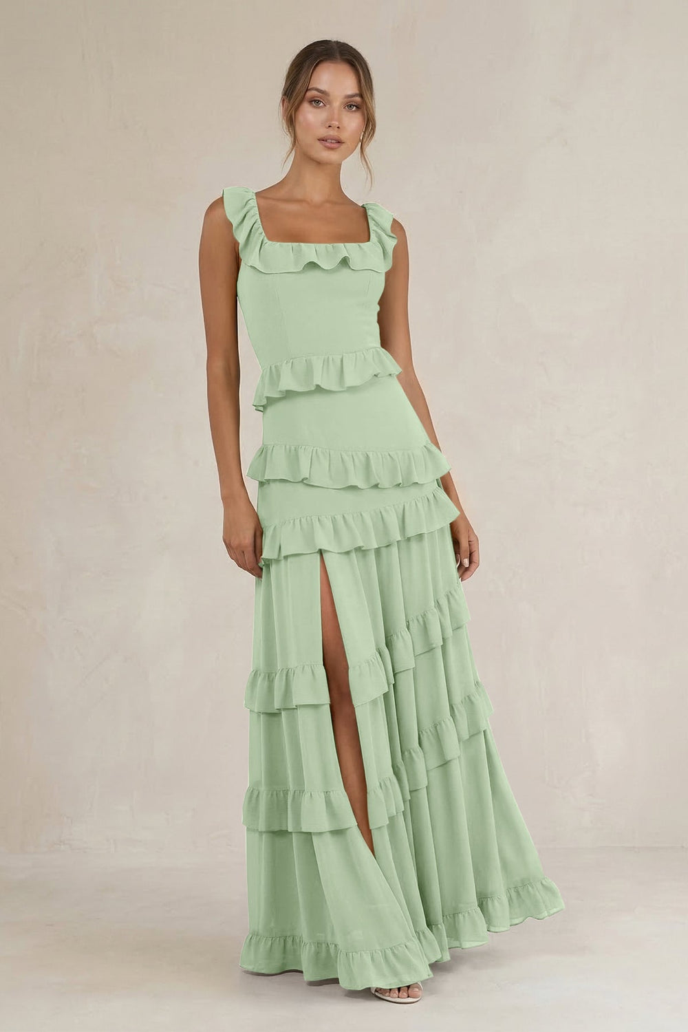 Tiered Square Neck Ruffled A - Line Bridesmaid Dress in Sage - KISS BRIDAL Bridesmaid Dresses