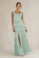Tiered Square Neck Ruffled A-Line Bridesmaid Dress in Sage | KISSBRIDAL