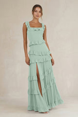 Tiered Square Neck Ruffled A-Line Bridesmaid Dress in Sage | KISSBRIDAL