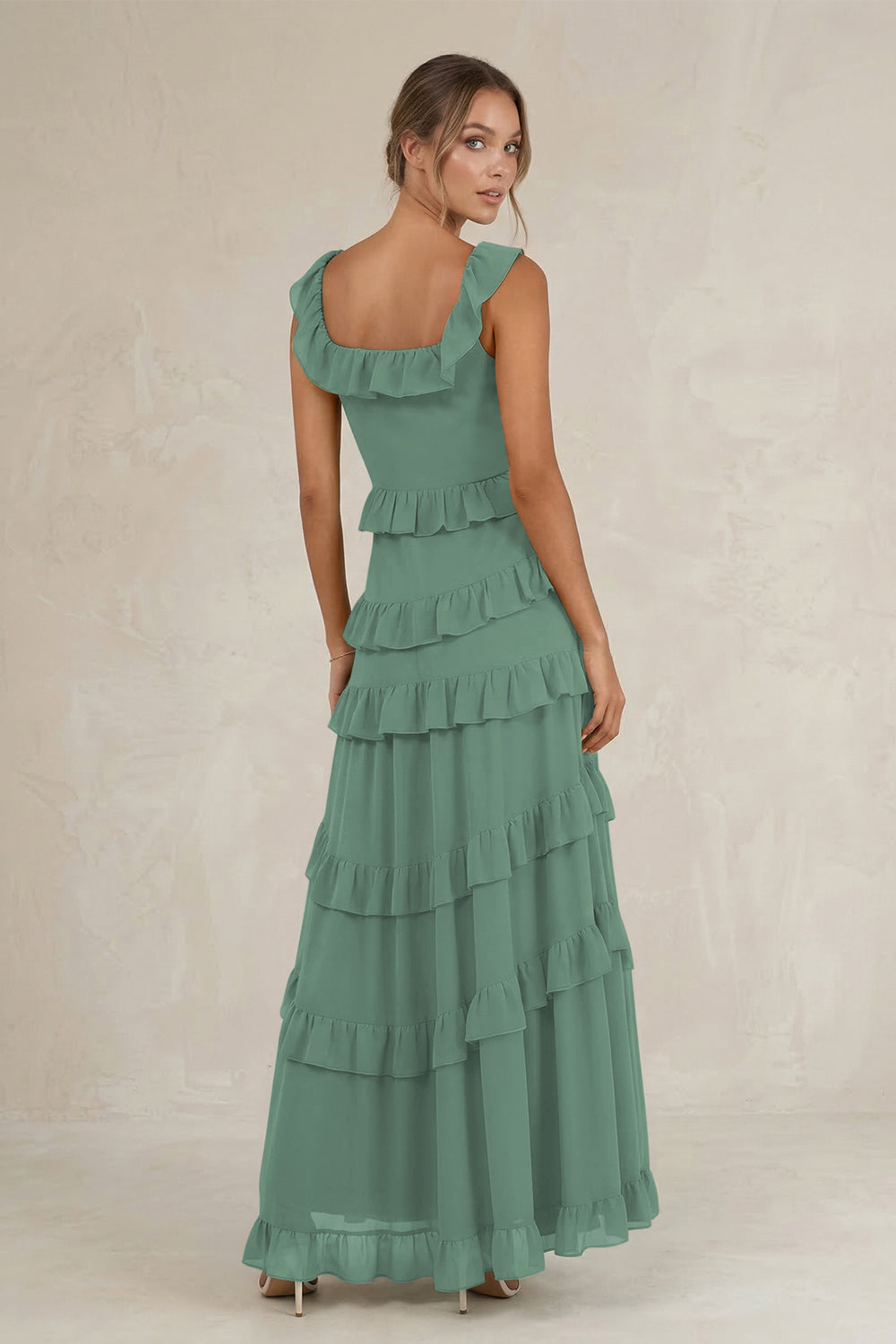 Tiered Square Neck Ruffled A-Line Bridesmaid Dress in Sea Glass
