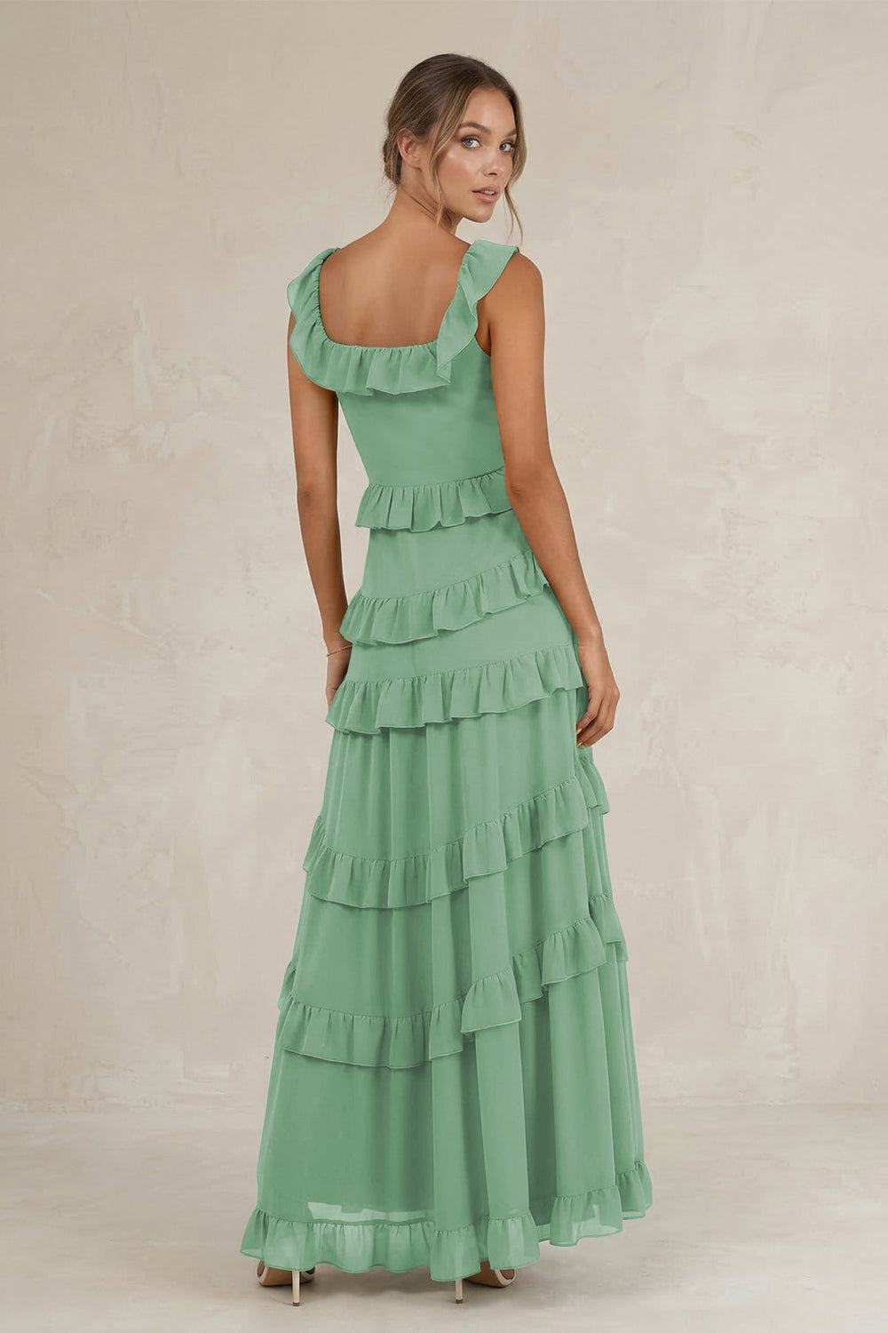Tiered Square Neck Ruffled A - Line Bridesmaid Dress in Sea Glass - KISS BRIDAL Bridesmaid Dresses
