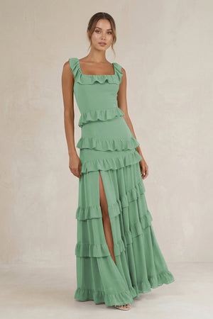 Tiered Square Neck Ruffled A - Line Bridesmaid Dress in Sea Glass - SHE IS ME Bridesmaid Dresses