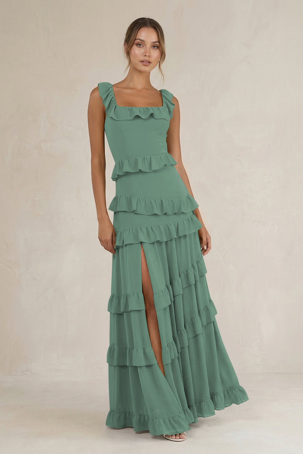 Tiered Square Neck Ruffled A-Line Bridesmaid Dress in Sea Glass
