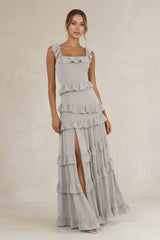 Tiered Square Neck Ruffled A - Line Bridesmaid Dress in Silver - KISS BRIDAL Bridesmaid Dresses