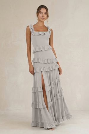 Tiered Square Neck Ruffled A - Line Bridesmaid Dress in Silver - SHE IS ME Bridesmaid Dresses