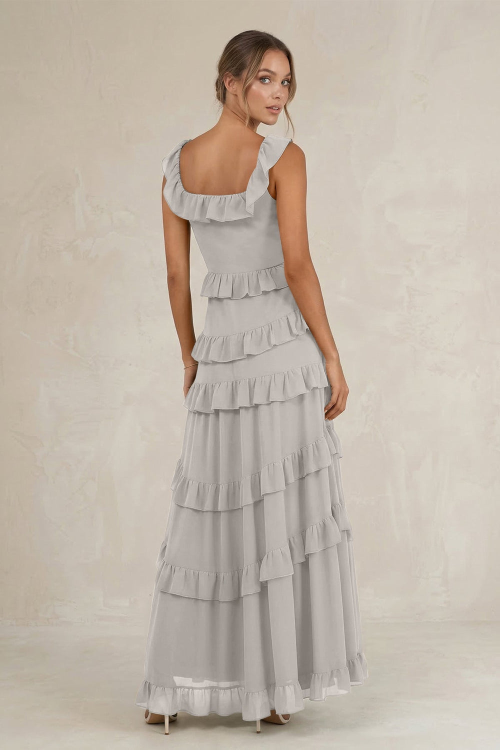 Tiered Square Neck Ruffled A - Line Bridesmaid Dress in Silver - KISS BRIDAL Bridesmaid Dresses