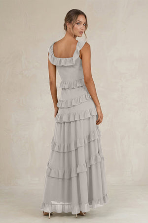 Tiered Square Neck Ruffled A - Line Bridesmaid Dress in Silver - SHE IS ME Bridesmaid Dresses