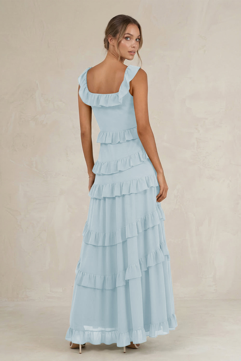 Tiered Square Neck Ruffled A-Line Bridesmaid Dress in Sky Blue