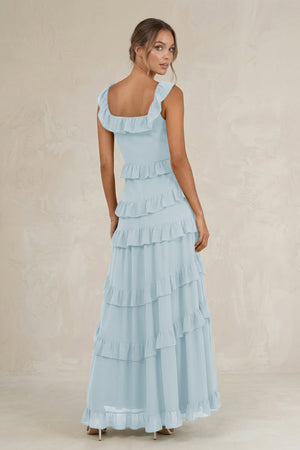 Tiered Square Neck Ruffled A-Line Bridesmaid Dress in Sky Blue (2) | KISSBRIDAL