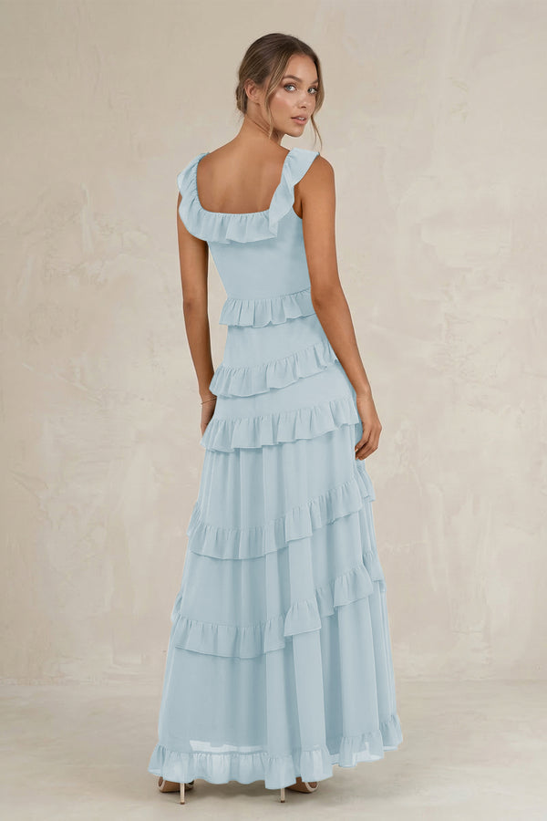 Tiered Square Neck Ruffled A-Line Bridesmaid Dress in Sky Blue (2) | KISSBRIDAL