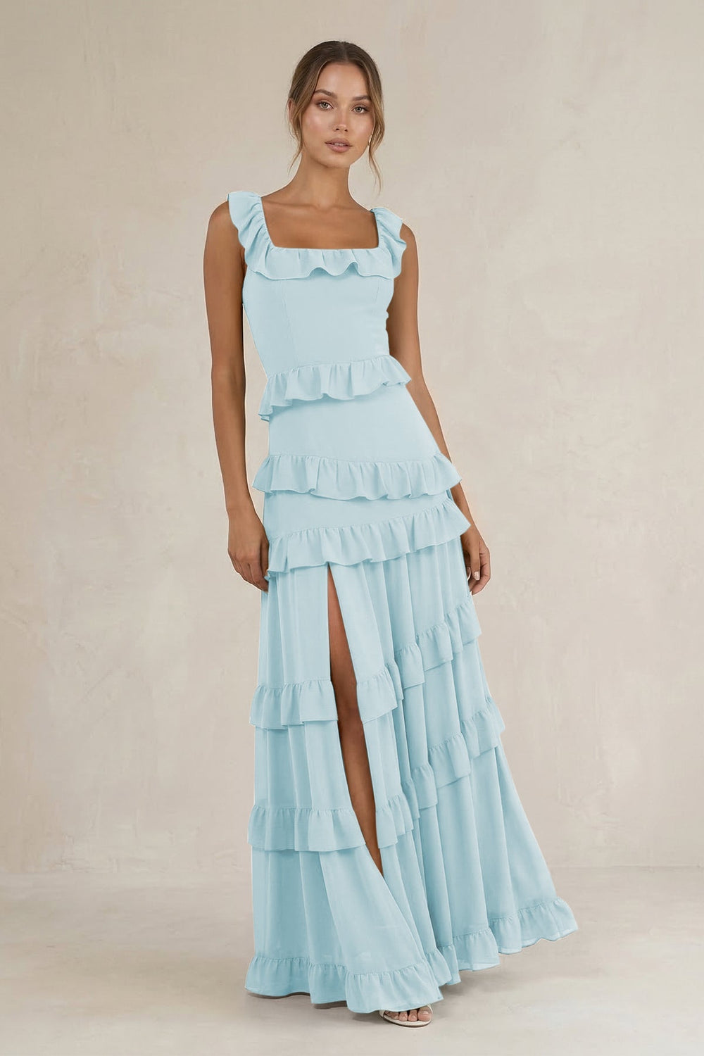 Tiered Square Neck Ruffled A - Line Bridesmaid Dress in Sky Blue - KISS BRIDAL Bridesmaid Dresses