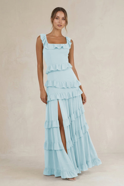 Tiered Square Neck Ruffled A - Line Bridesmaid Dress in Sky Blue - SHE IS ME Bridesmaid Dresses