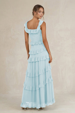 Tiered Square Neck Ruffled A - Line Bridesmaid Dress in Sky Blue - SHE IS ME Bridesmaid Dresses