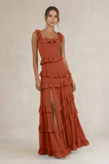 Tiered Square Neck Ruffled A - Line Bridesmaid Dress in Spice - KISS BRIDAL Bridesmaid Dresses