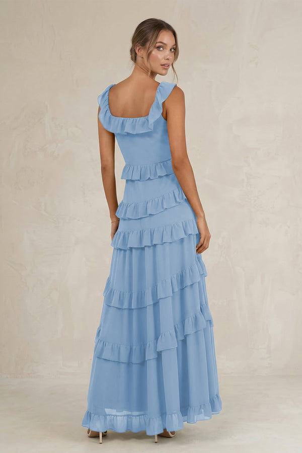 Tiered Square Neck Ruffled A-Line Bridesmaid Dress in Steel Blue (2) | KISSBRIDAL