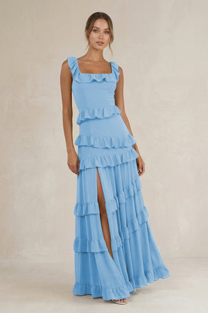 Tiered Square Neck Ruffled A - Line Bridesmaid Dress in Steel Blue - SHE IS ME Bridesmaid Dresses