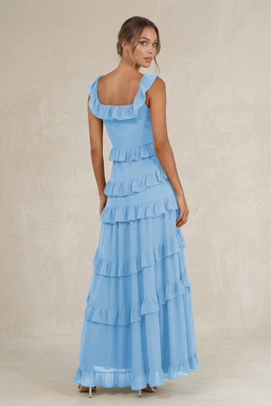 Tiered Square Neck Ruffled A - Line Bridesmaid Dress in Steel Blue - SHE IS ME Bridesmaid Dresses