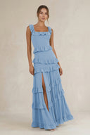 Tiered Square Neck Ruffled A-Line Bridesmaid Dress in Steel Blue | KISSBRIDAL