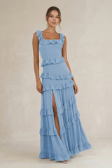Tiered Square Neck Ruffled A-Line Bridesmaid Dress in Steel Blue | KISSBRIDAL