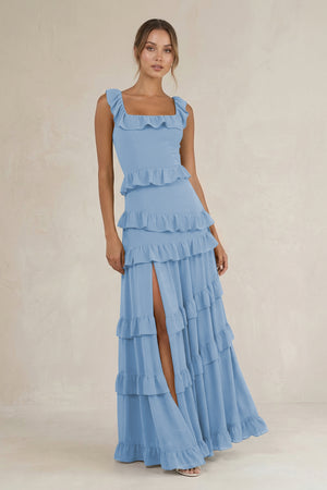 Tiered Square Neck Ruffled A-Line Bridesmaid Dress in Steel Blue | KISSBRIDAL