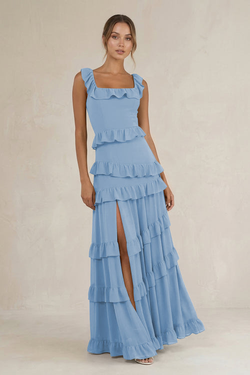 Tiered Square Neck Ruffled A-Line Bridesmaid Dress in Steel Blue | KISSBRIDAL