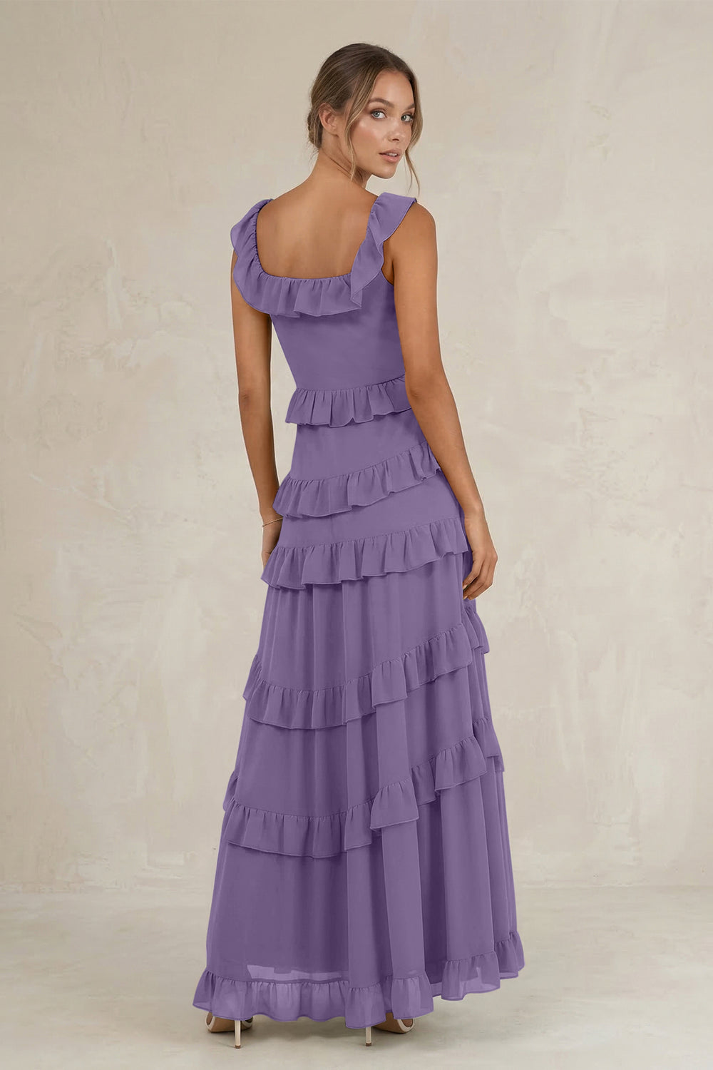 Tiered Square Neck Ruffled A-Line Bridesmaid Dress in Tahiti