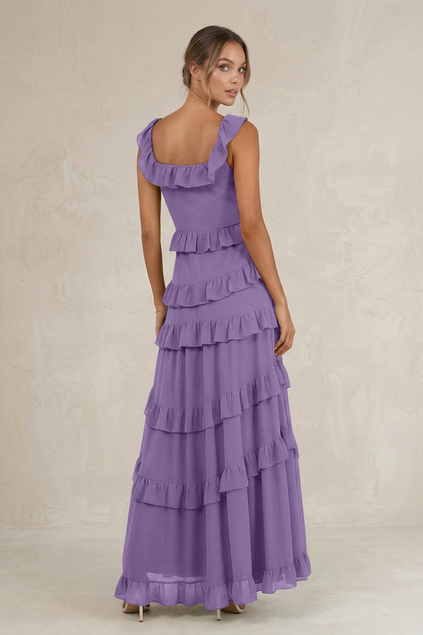 Tiered Square Neck Ruffled A - Line Bridesmaid Dress in Tahiti - SHE IS ME Bridesmaid Dresses